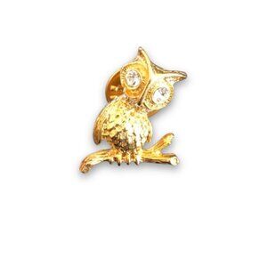 Vintage Gold Owl Pin with Rhinestone Eyes